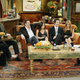 The cast of Friends (L-R Lisa Kudrow, Matt LeBlanc, Matthew Perry, Courtney Cox, David Schwimmer, and Jennifer Aniston) with honorary Friend Jay Leno in 2004.